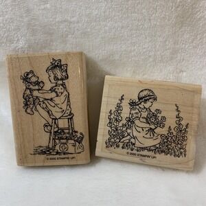 Set of 2 Stampin Up SUGAR & SPICE Girls Retired Rubber‎ Stamps 2000 Girl Flowers
